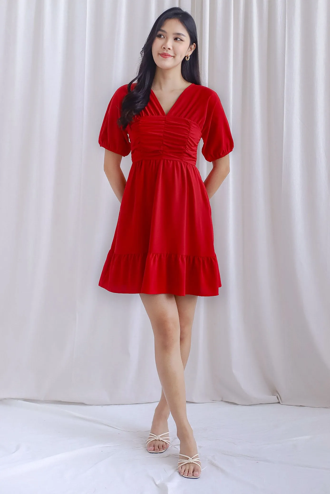 Willa Puffy Sleeve Ruched Romper Dress In Red