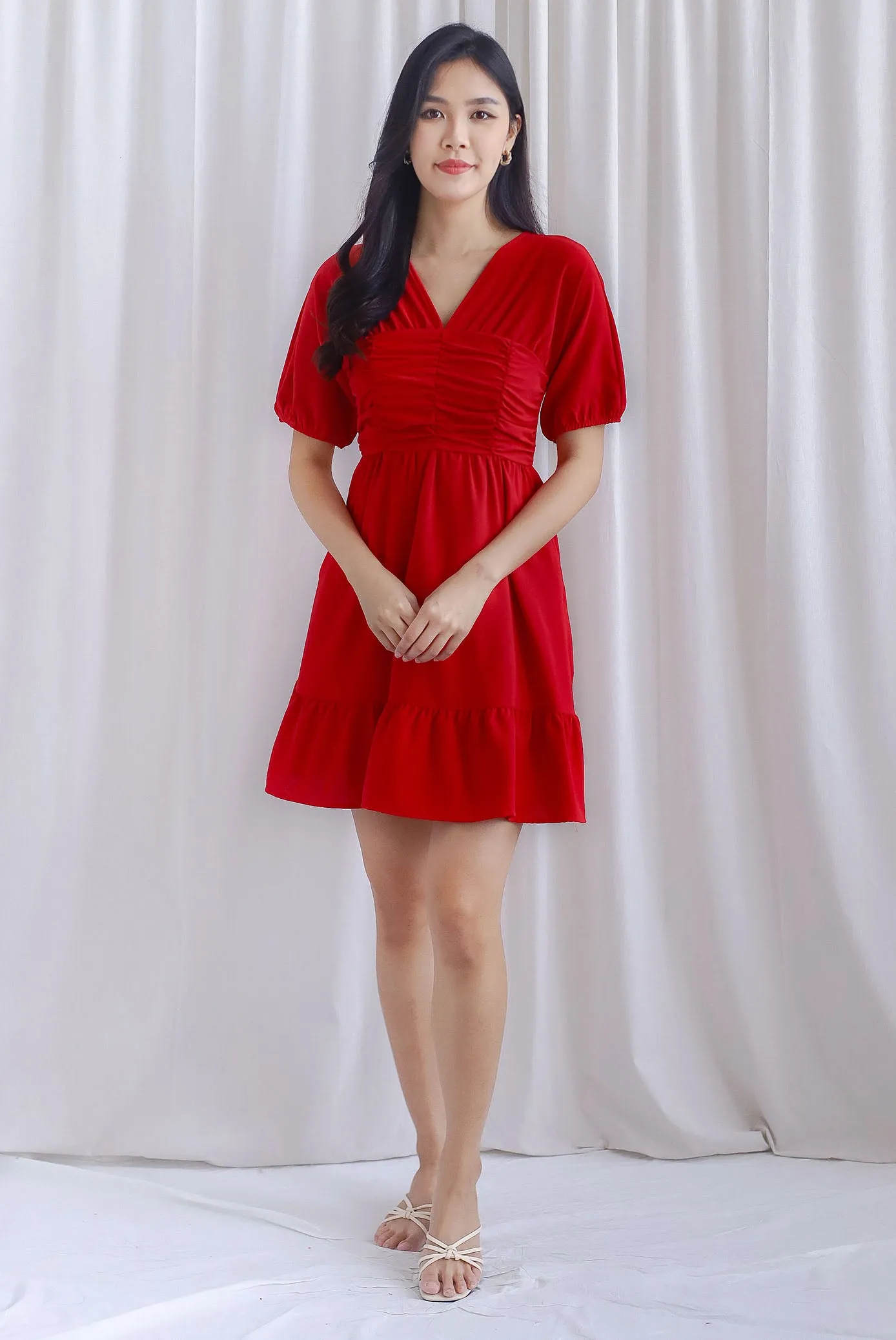 Willa Puffy Sleeve Ruched Romper Dress In Red