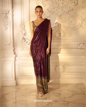 Wine to grey sequins saree