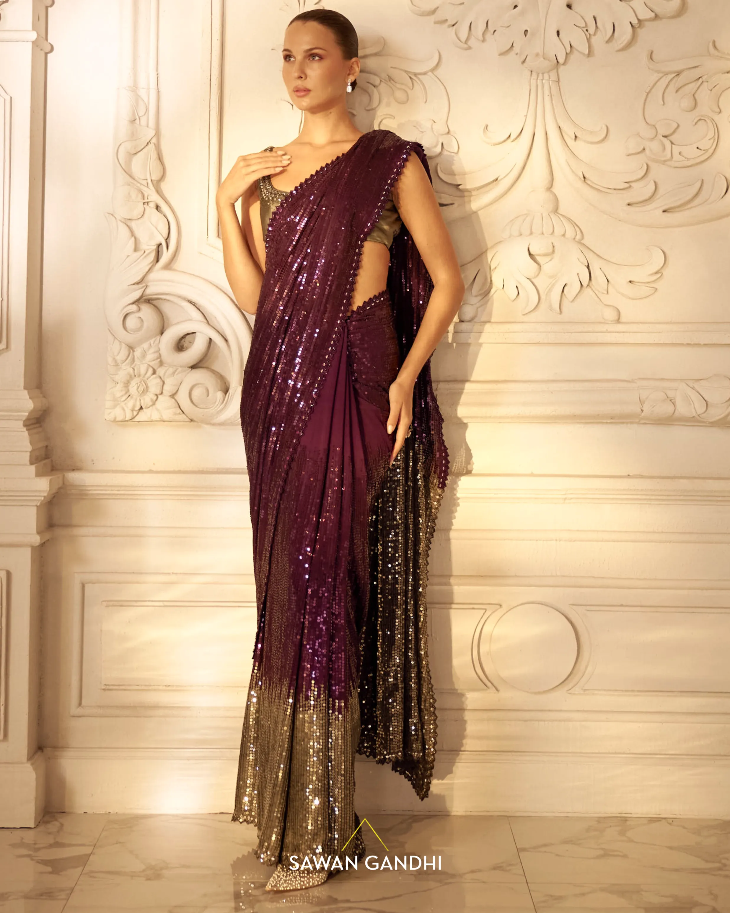 Wine to grey sequins saree