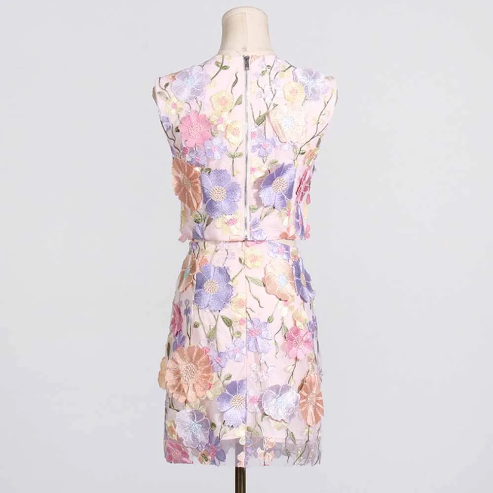 Women 3D Flower Embroidery Set Crewneck Mini Skirt Suit