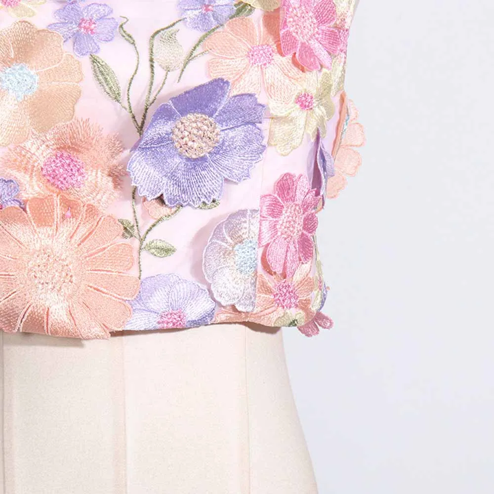 Women 3D Flower Embroidery Set Crewneck Mini Skirt Suit