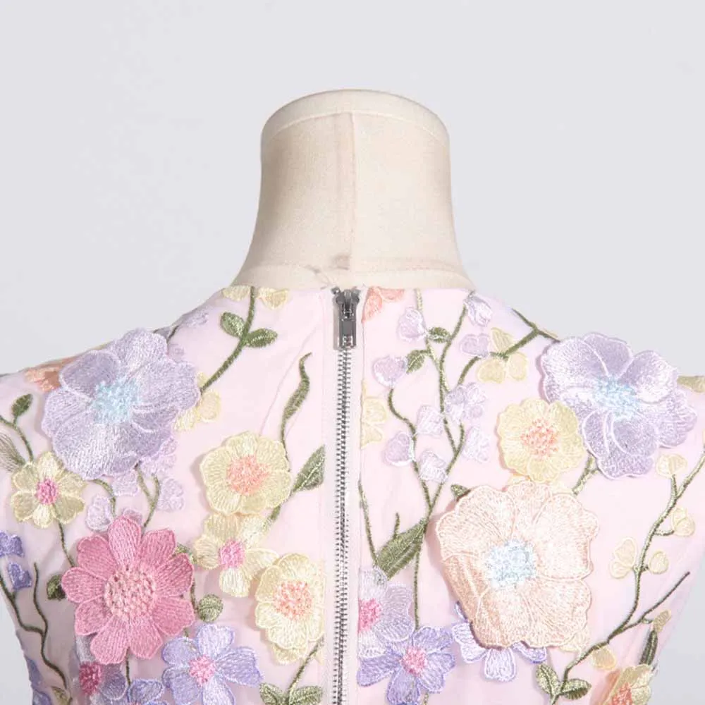 Women 3D Flower Embroidery Set Crewneck Mini Skirt Suit