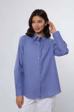 Women Blouse Basic Linen Long Sleeves Blue