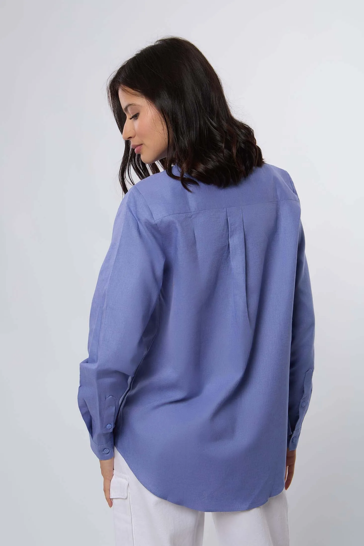 Women Blouse Basic Linen Long Sleeves Blue