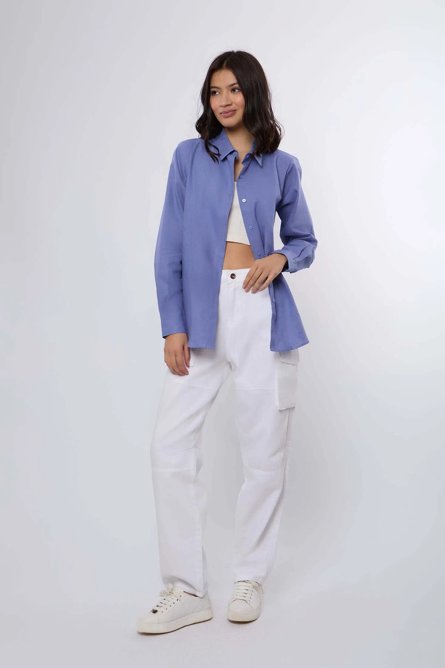 Women Blouse Basic Linen Long Sleeves Blue
