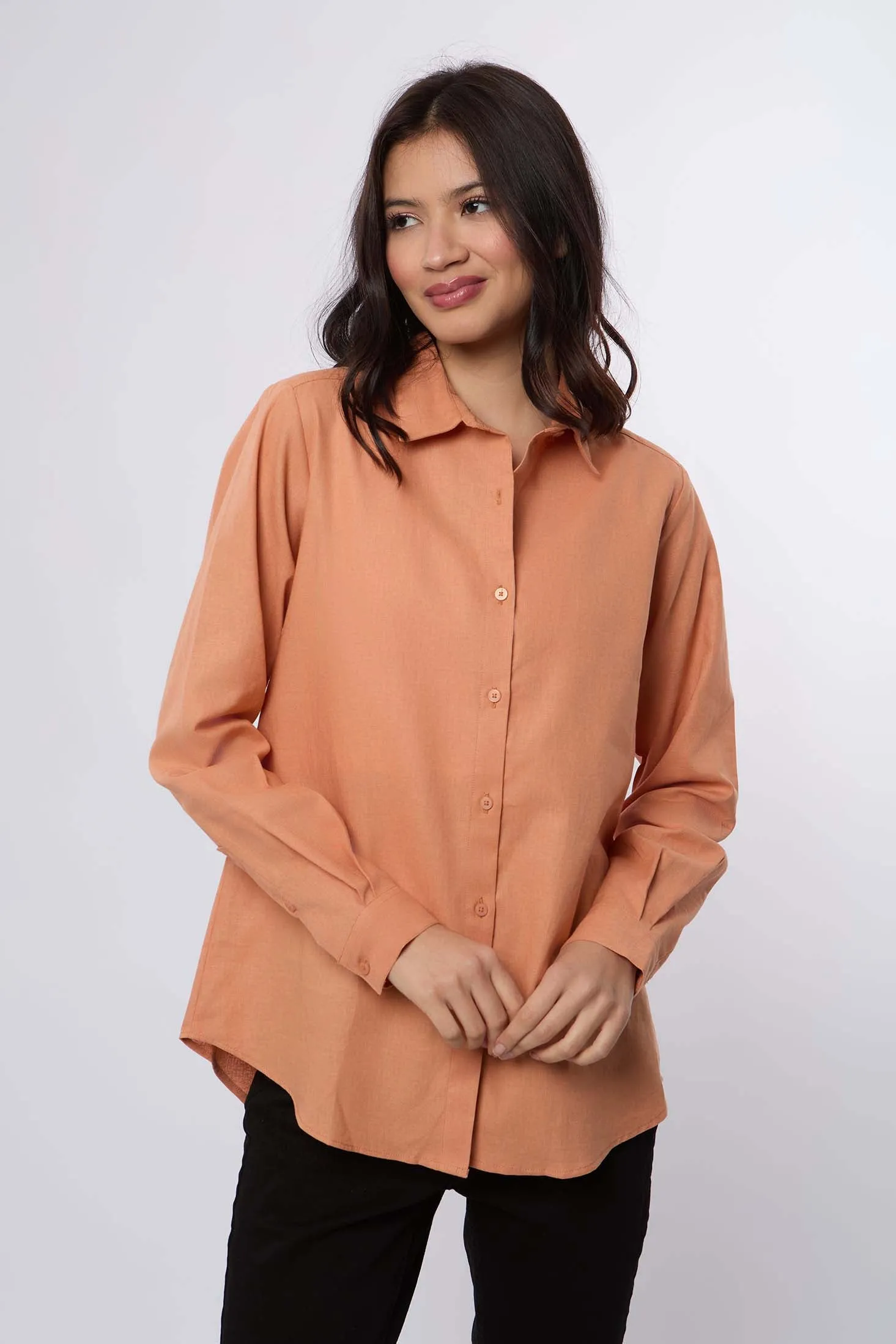 Women Blouse Basic Linen Long Sleeves Brown
