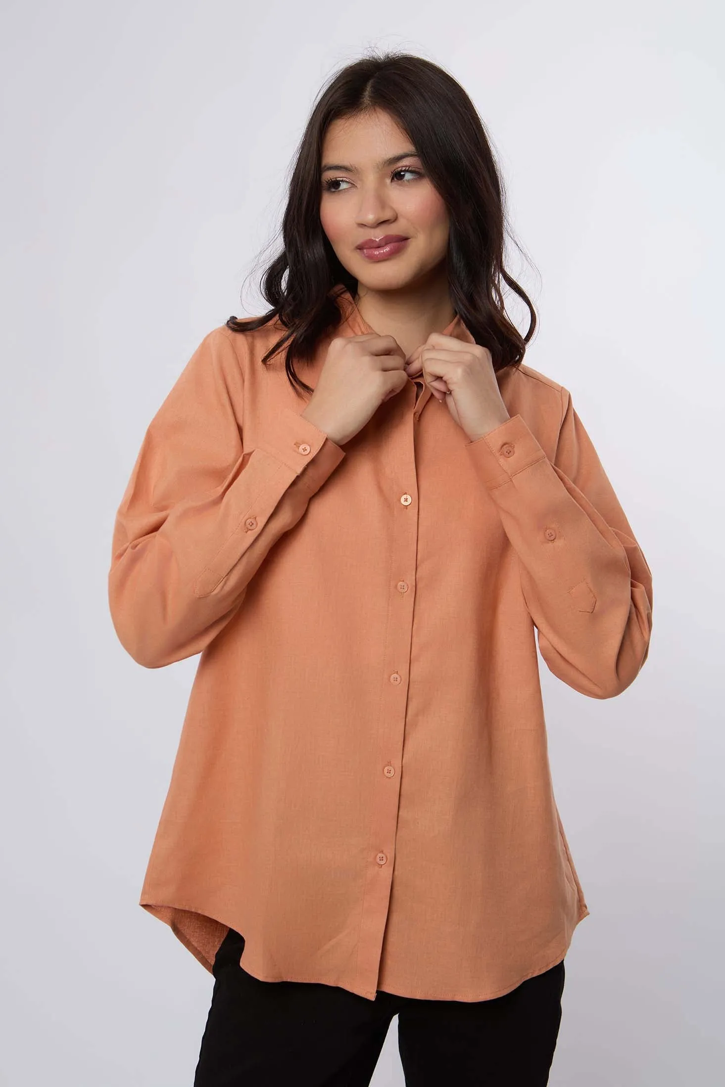 Women Blouse Basic Linen Long Sleeves Brown