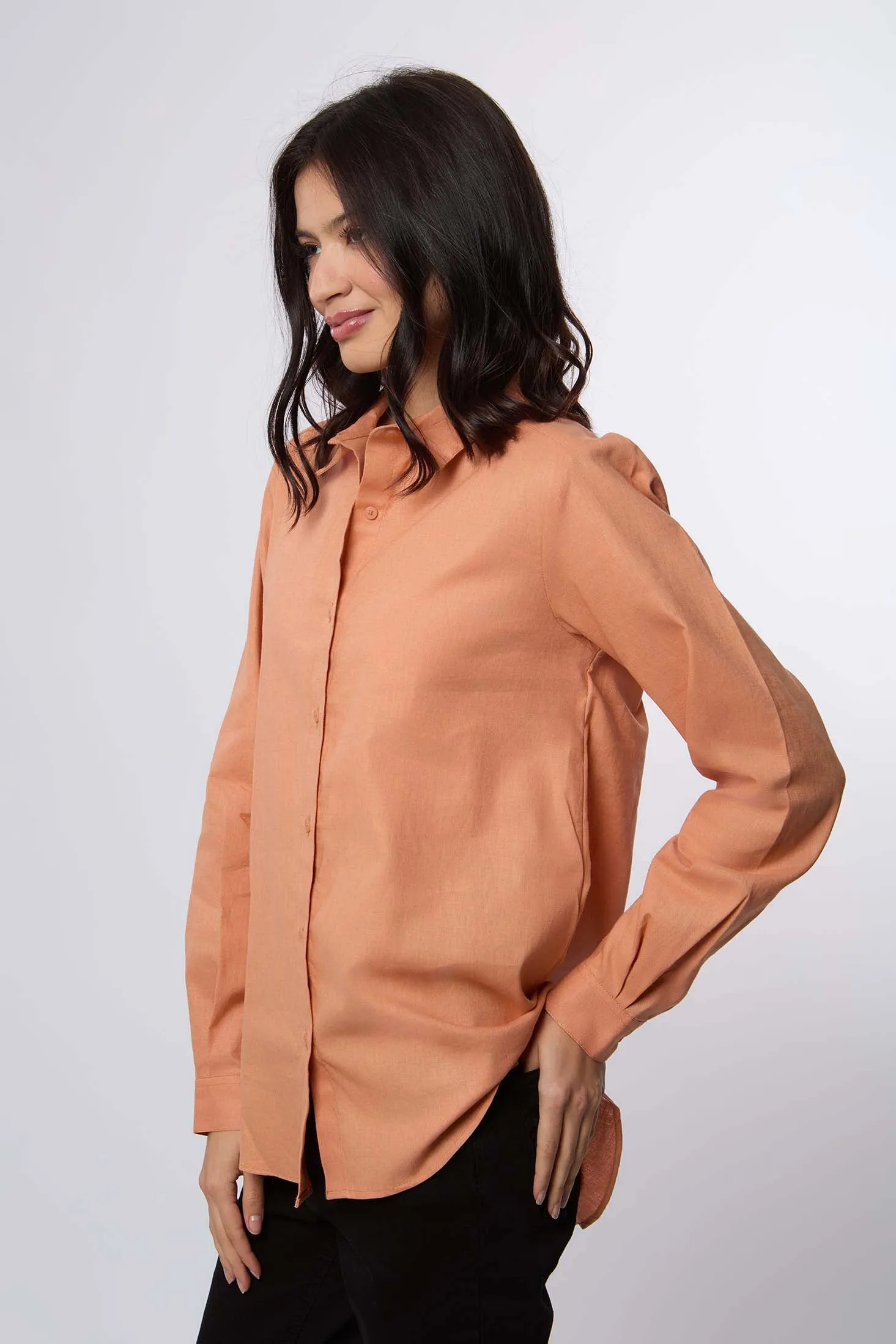Women Blouse Basic Linen Long Sleeves Brown