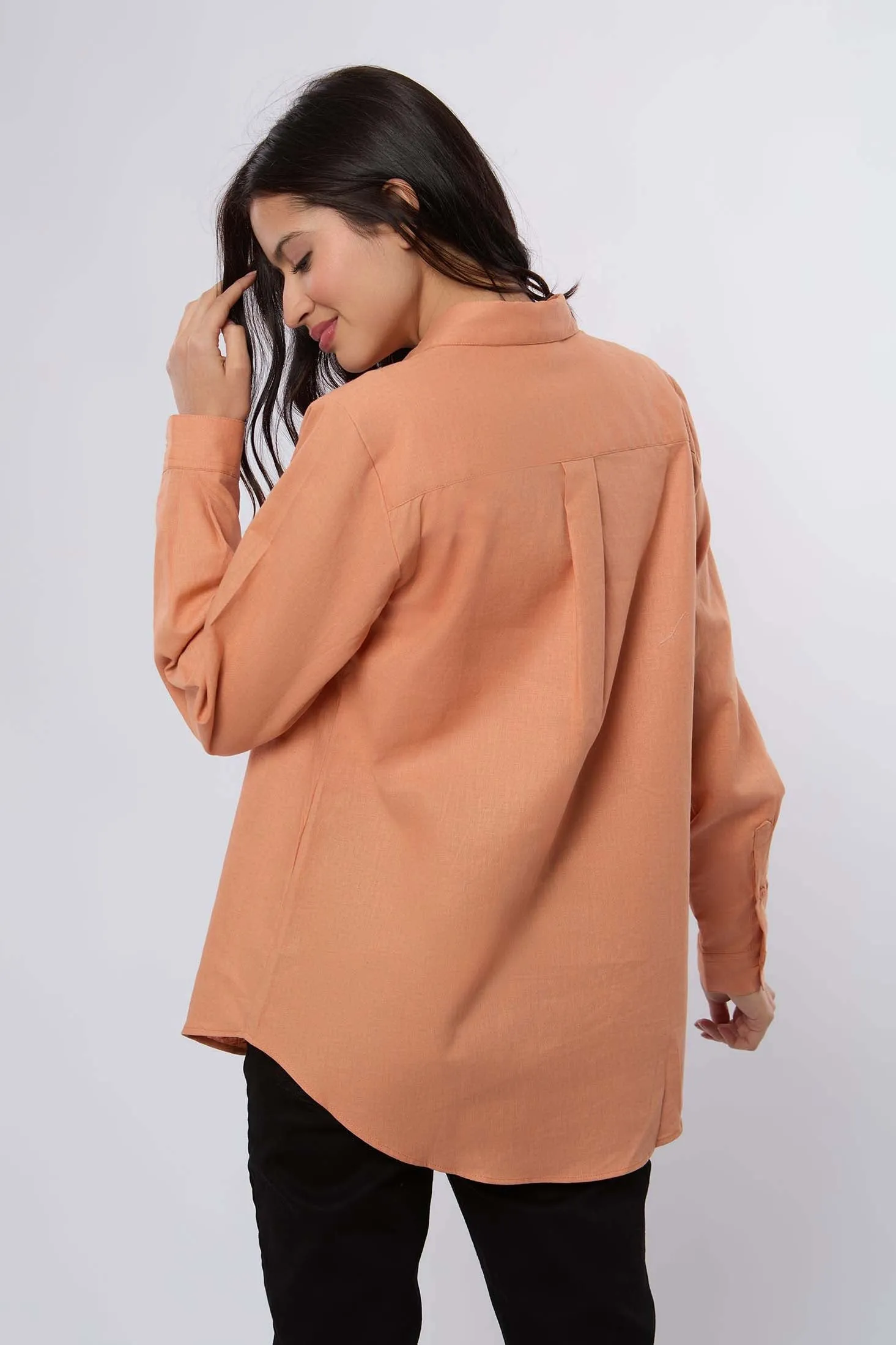 Women Blouse Basic Linen Long Sleeves Brown