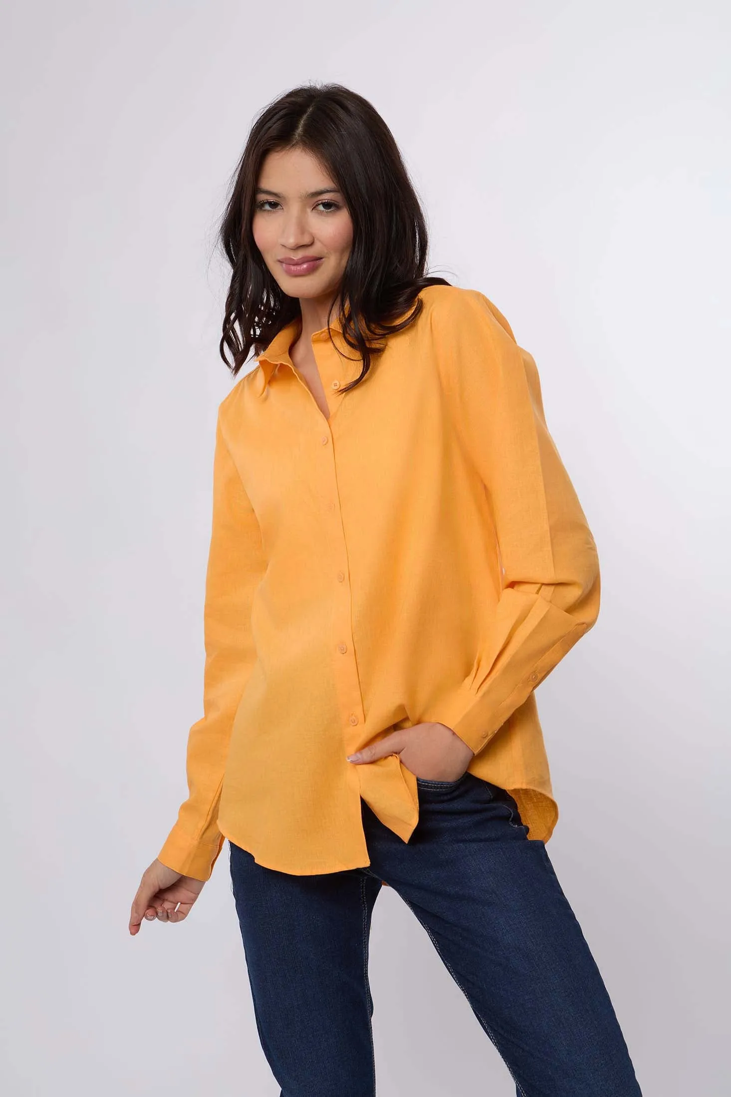 Women Blouse Basic Linen Long Sleeves Orange