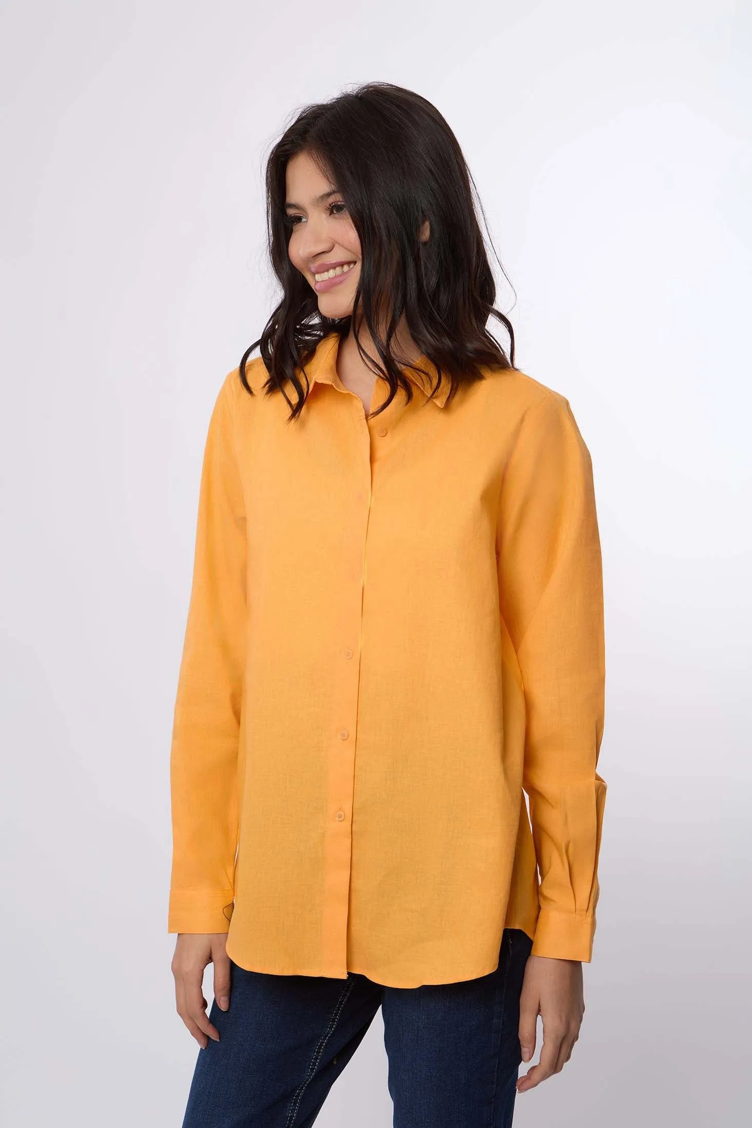 Women Blouse Basic Linen Long Sleeves Orange