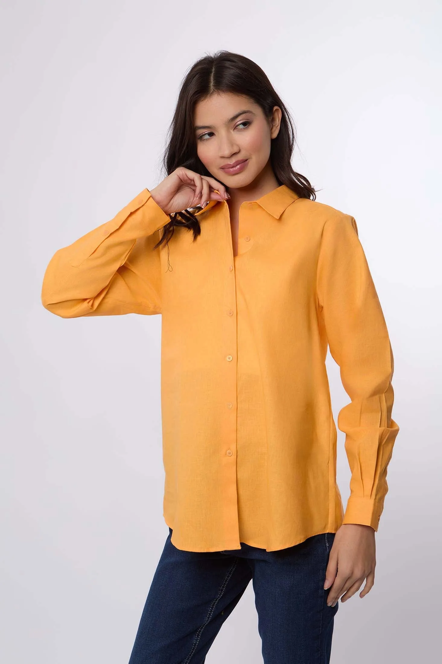 Women Blouse Basic Linen Long Sleeves Orange