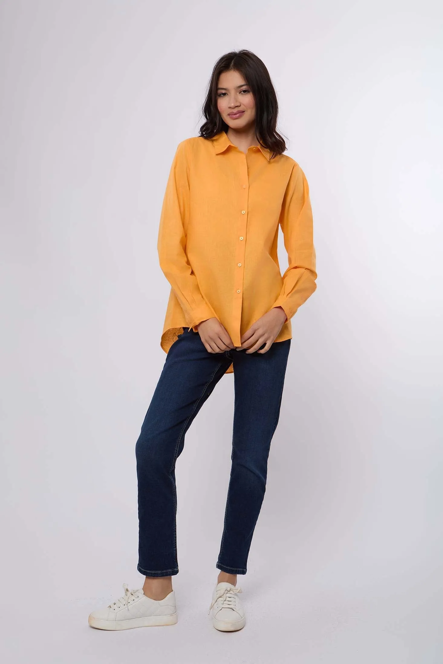 Women Blouse Basic Linen Long Sleeves Orange