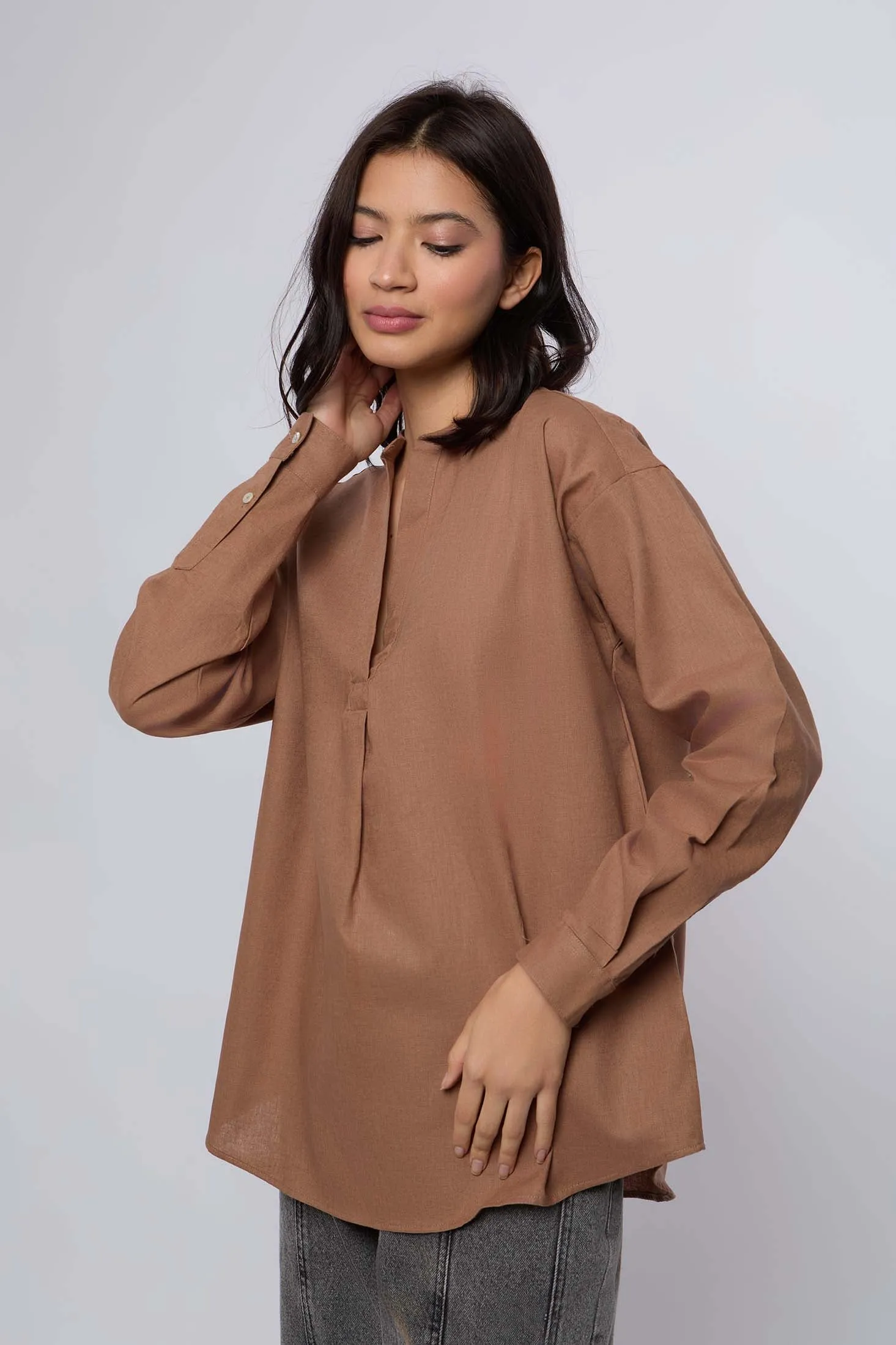 Women Blouse Linen Long Sleeves Brown