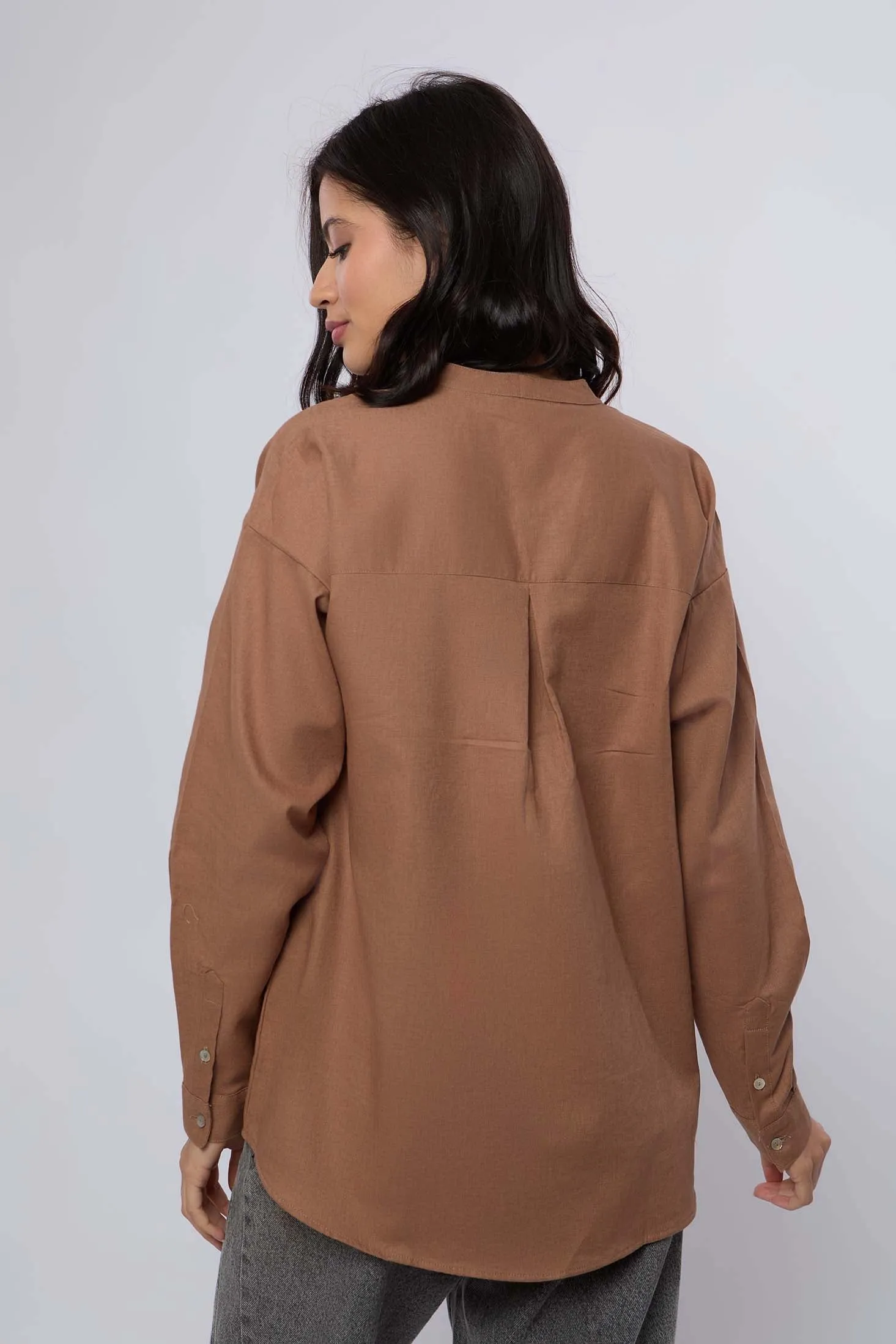 Women Blouse Linen Long Sleeves Brown
