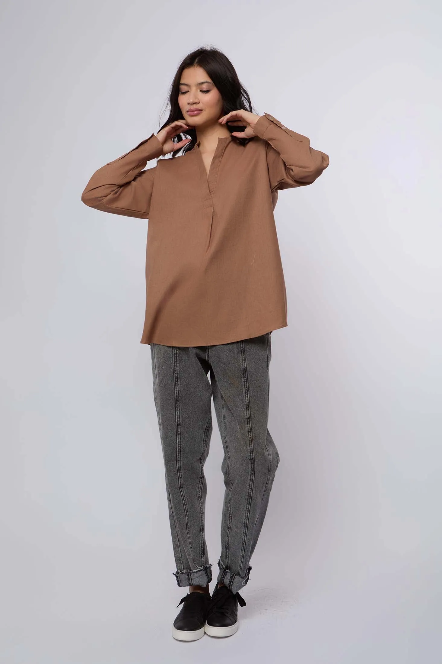 Women Blouse Linen Long Sleeves Brown