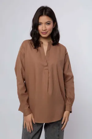 Women Blouse Linen Long Sleeves Brown