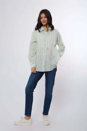 Women Blouse Long Sleeve Linen Striped Shirt Green