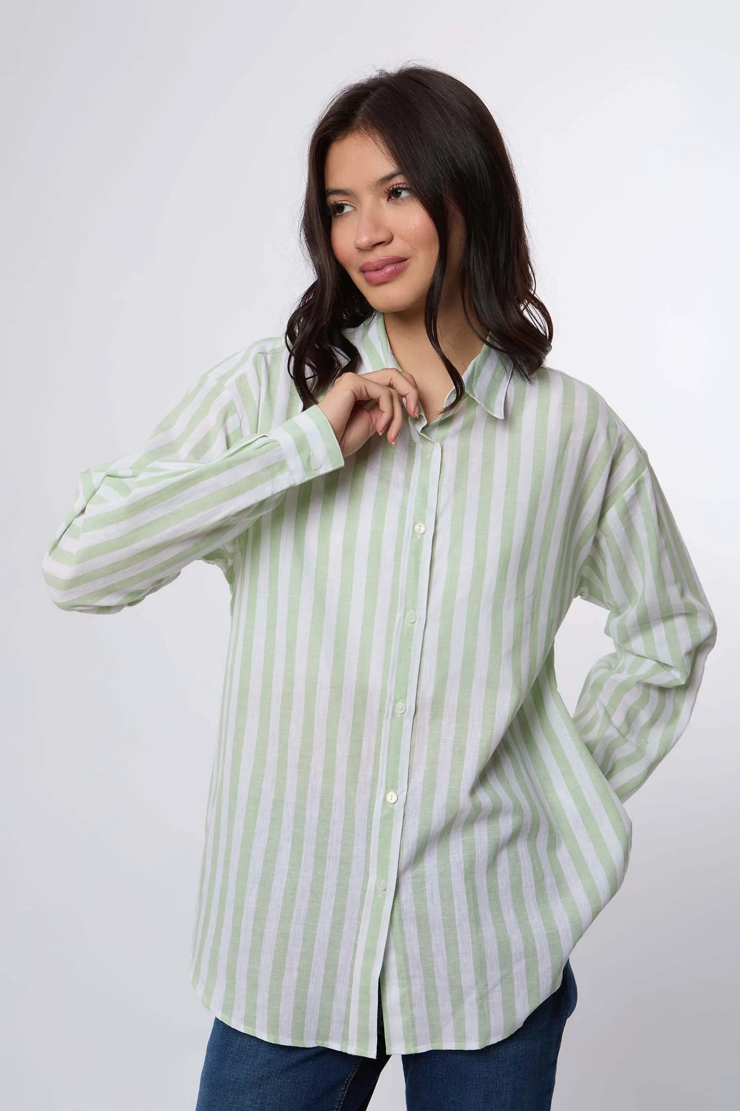 Women Blouse Long Sleeve Linen Striped Shirt Green