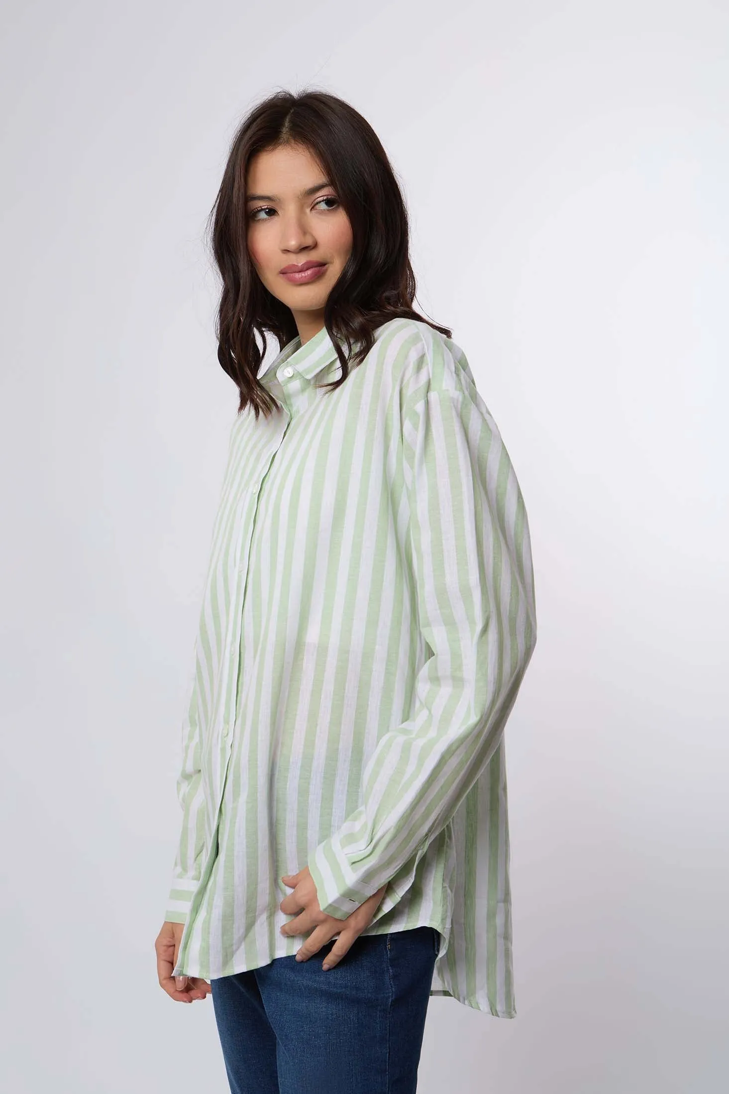 Women Blouse Long Sleeve Linen Striped Shirt Green