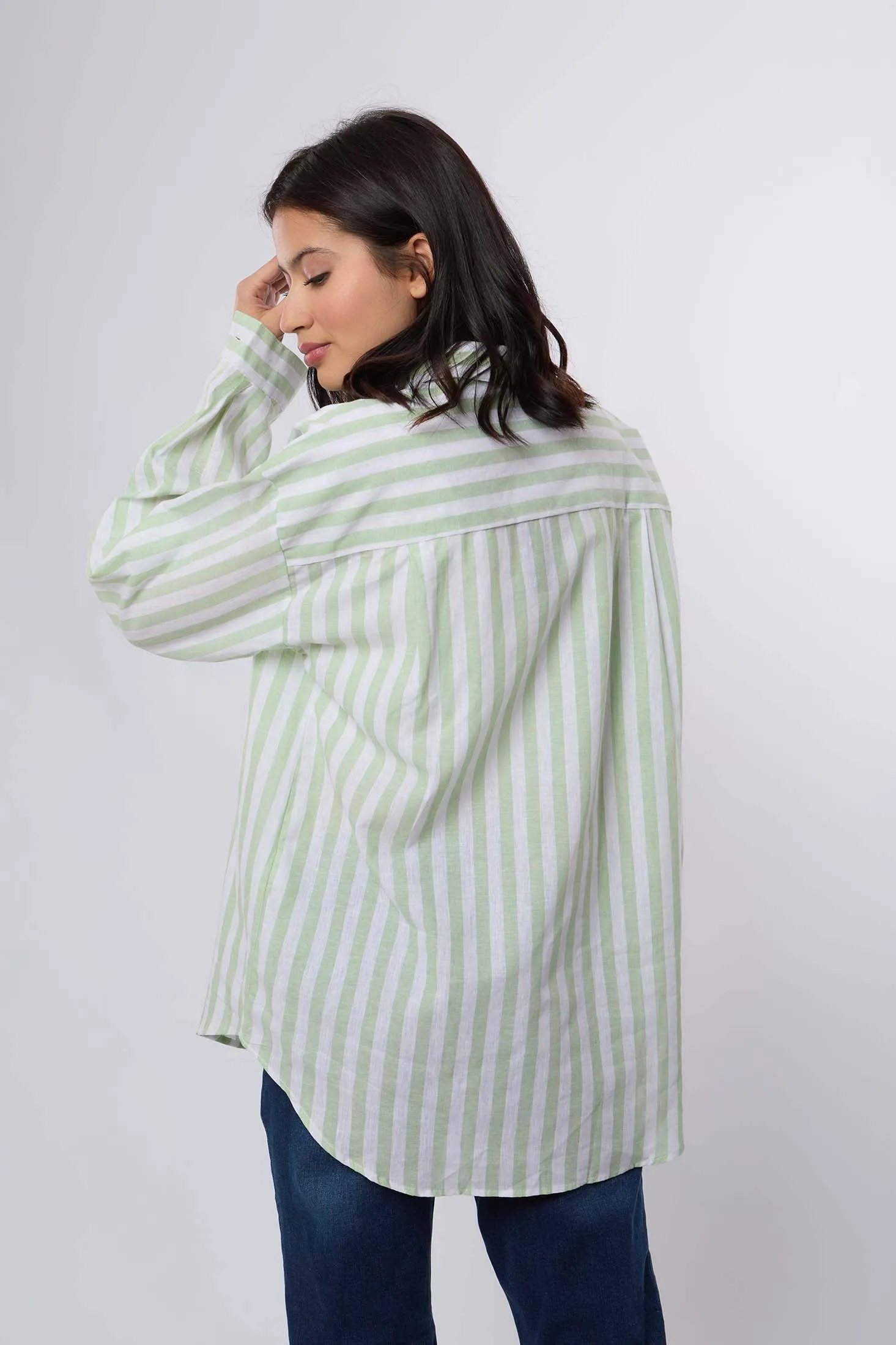 Women Blouse Long Sleeve Linen Striped Shirt Green