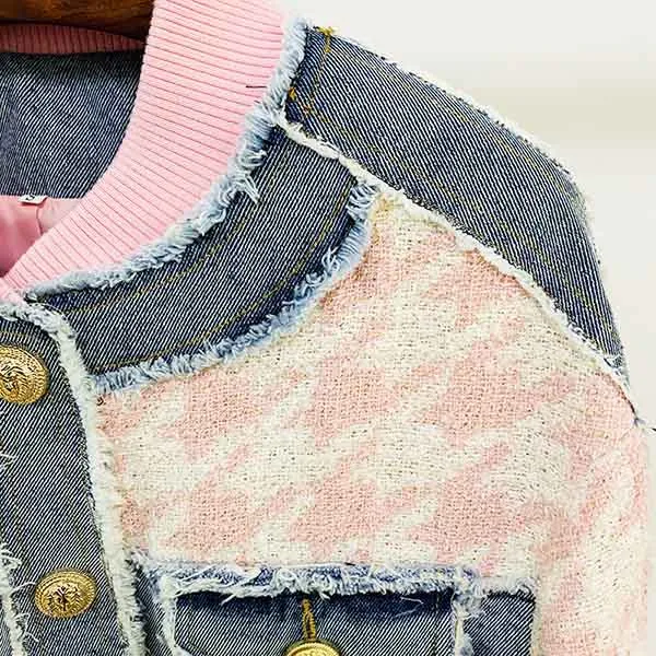 Women Luxury Denim Pink Houndstooth Tweed Jacket Coat Top   Mini Skirt 2 Piece Suit