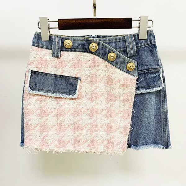 Women Luxury Denim Pink Houndstooth Tweed Jacket Coat Top   Mini Skirt 2 Piece Suit