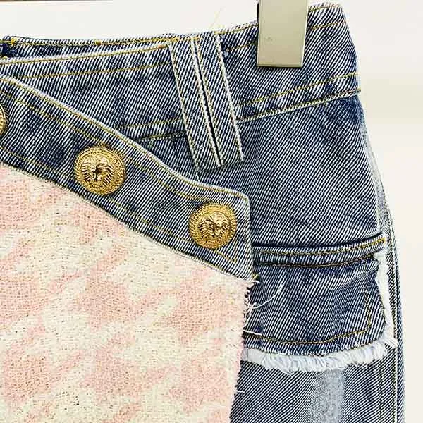 Women Luxury Denim Pink Houndstooth Tweed Jacket Coat Top   Mini Skirt 2 Piece Suit
