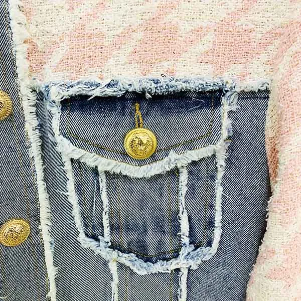 Women Luxury Denim Pink Houndstooth Tweed Jacket Coat Top   Mini Skirt 2 Piece Suit