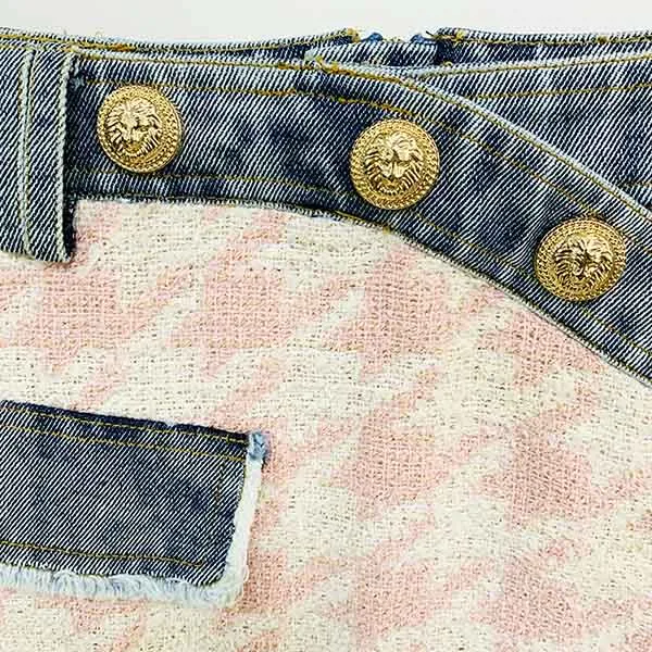 Women Luxury Denim Pink Houndstooth Tweed Jacket Coat Top   Mini Skirt 2 Piece Suit