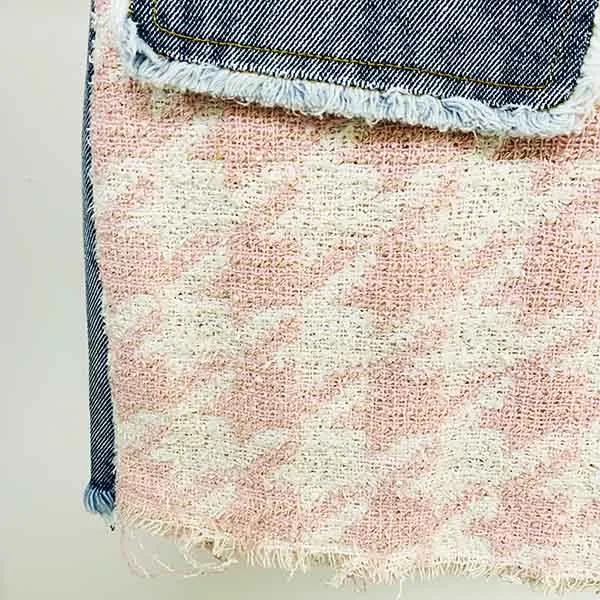 Women Luxury Denim Pink Houndstooth Tweed Jacket Coat Top   Mini Skirt 2 Piece Suit