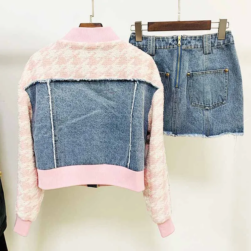 Women Luxury Denim Pink Houndstooth Tweed Jacket Coat Top   Mini Skirt 2 Piece Suit