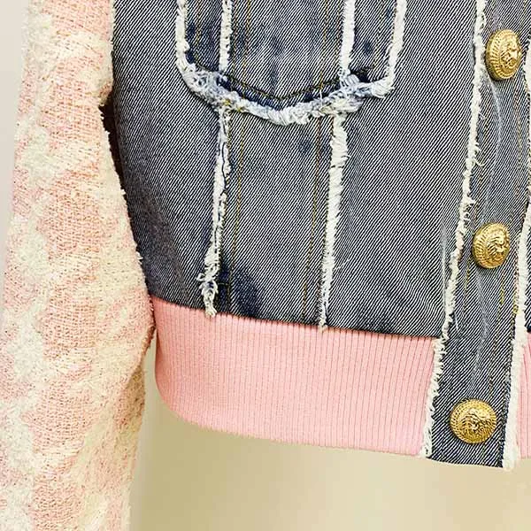 Women Luxury Denim Pink Houndstooth Tweed Jacket Coat Top   Mini Skirt 2 Piece Suit