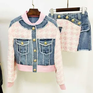 Women Luxury Denim Pink Houndstooth Tweed Jacket Coat Top   Mini Skirt 2 Piece Suit