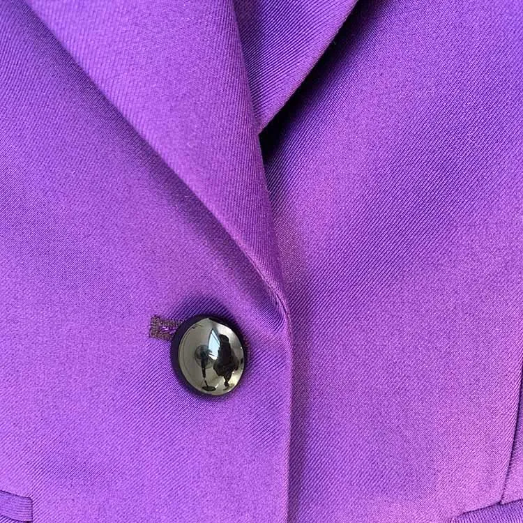 Women Luxury One Button Purple Blazer   Mid-High Rise Faux Fur Mini Skirt Suit