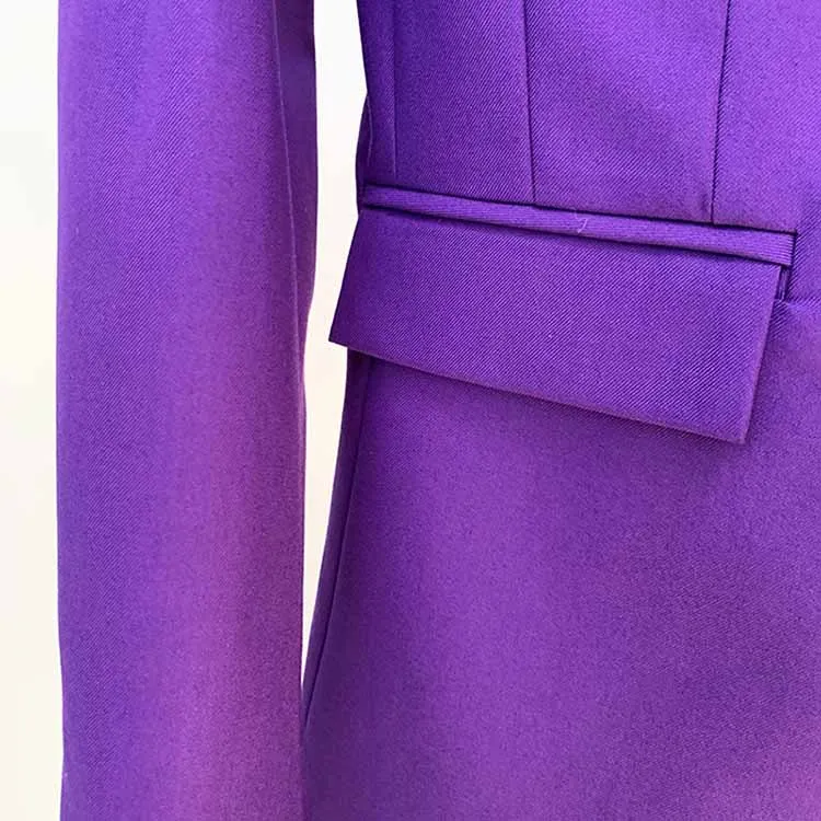 Women Luxury One Button Purple Blazer   Mid-High Rise Faux Fur Mini Skirt Suit