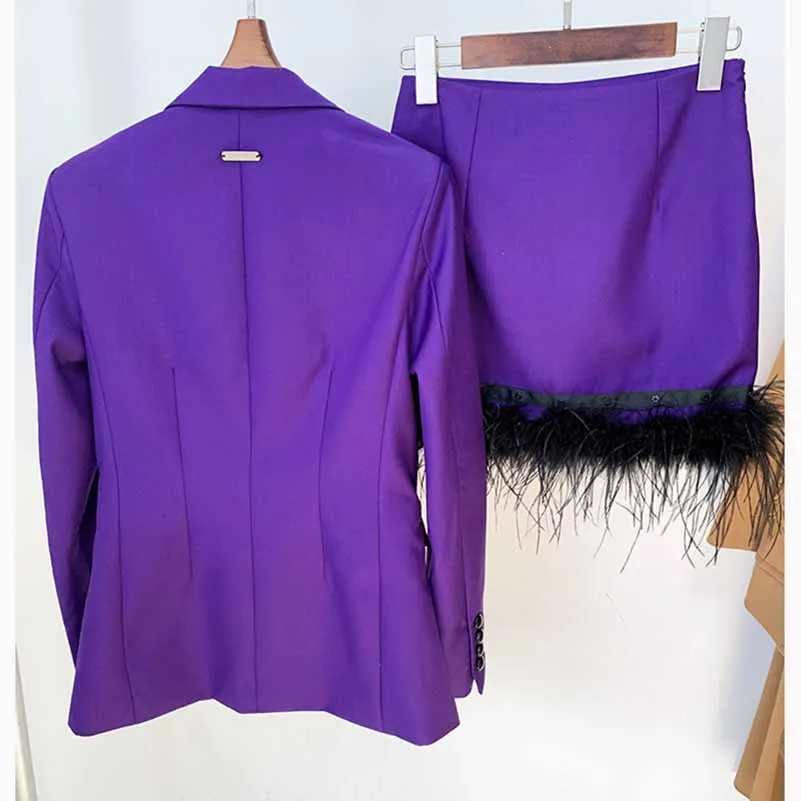 Women Luxury One Button Purple Blazer   Mid-High Rise Faux Fur Mini Skirt Suit
