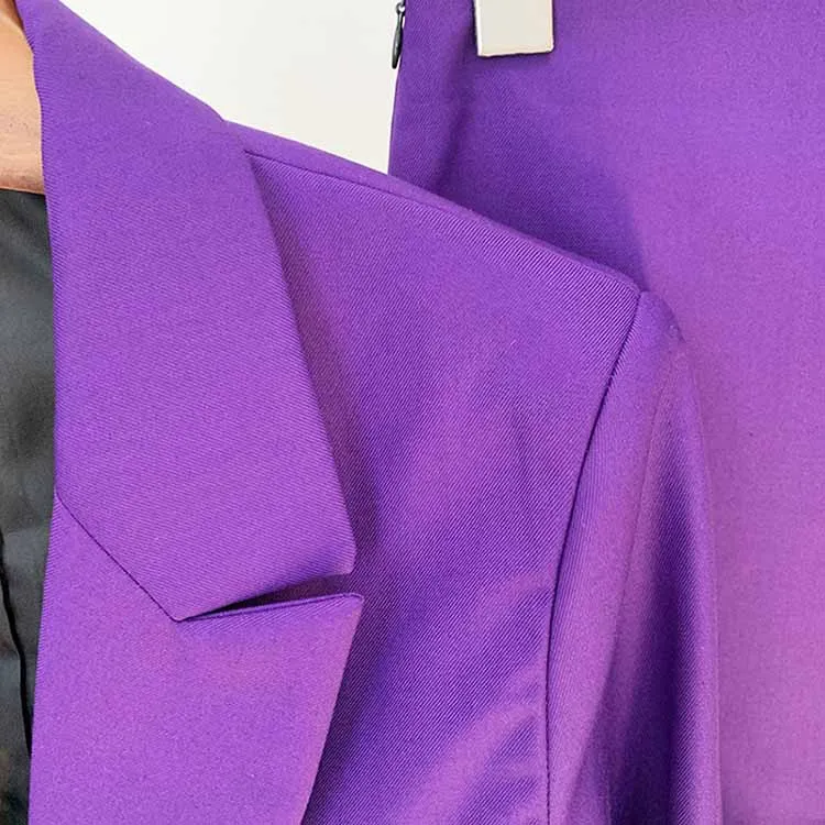 Women Luxury One Button Purple Blazer   Mid-High Rise Faux Fur Mini Skirt Suit