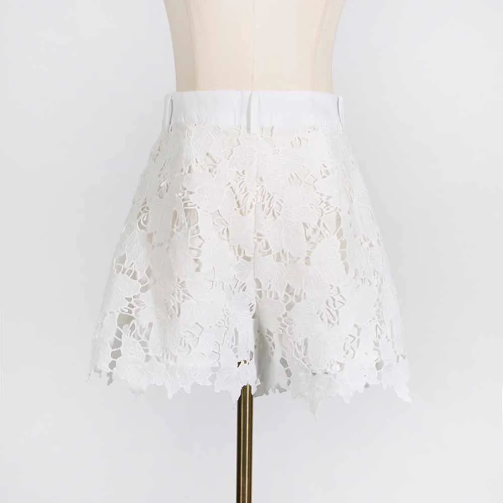 Women Short-Sleeve Lace Embroidered Two Piece Shorts Set