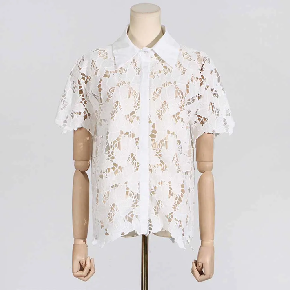 Women Short-Sleeve Lace Embroidered Two Piece Shorts Set