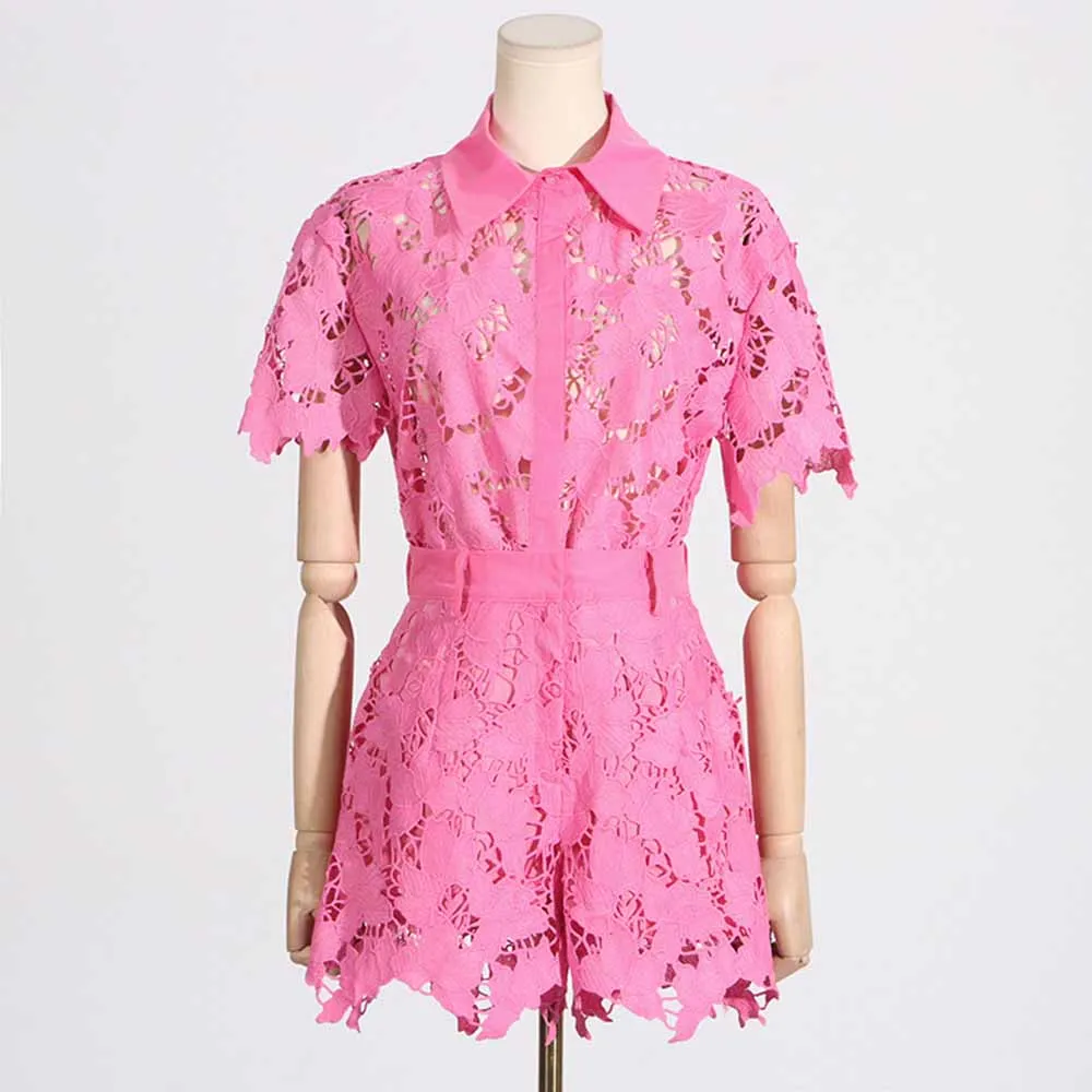 Women Short-Sleeve Lace Embroidered Two Piece Shorts Set