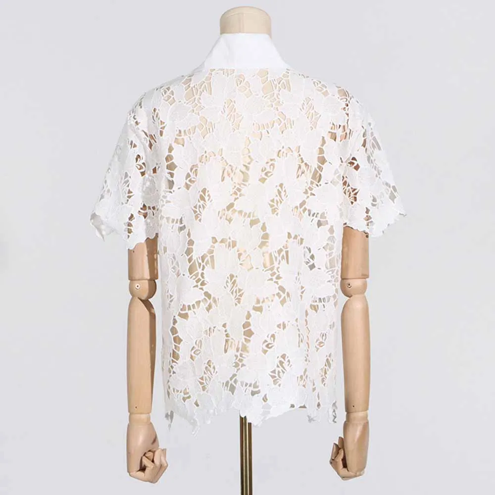Women Short-Sleeve Lace Embroidered Two Piece Shorts Set