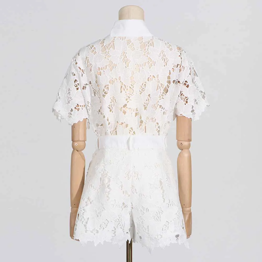 Women Short-Sleeve Lace Embroidered Two Piece Shorts Set