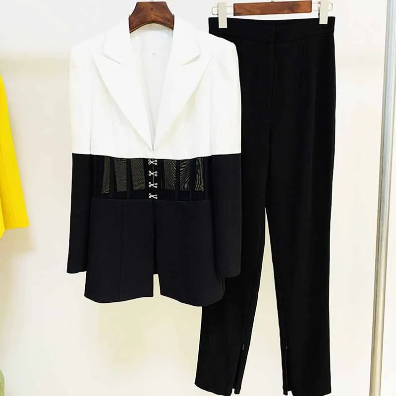 Women White Black Blazer   Flare Trousers Suit