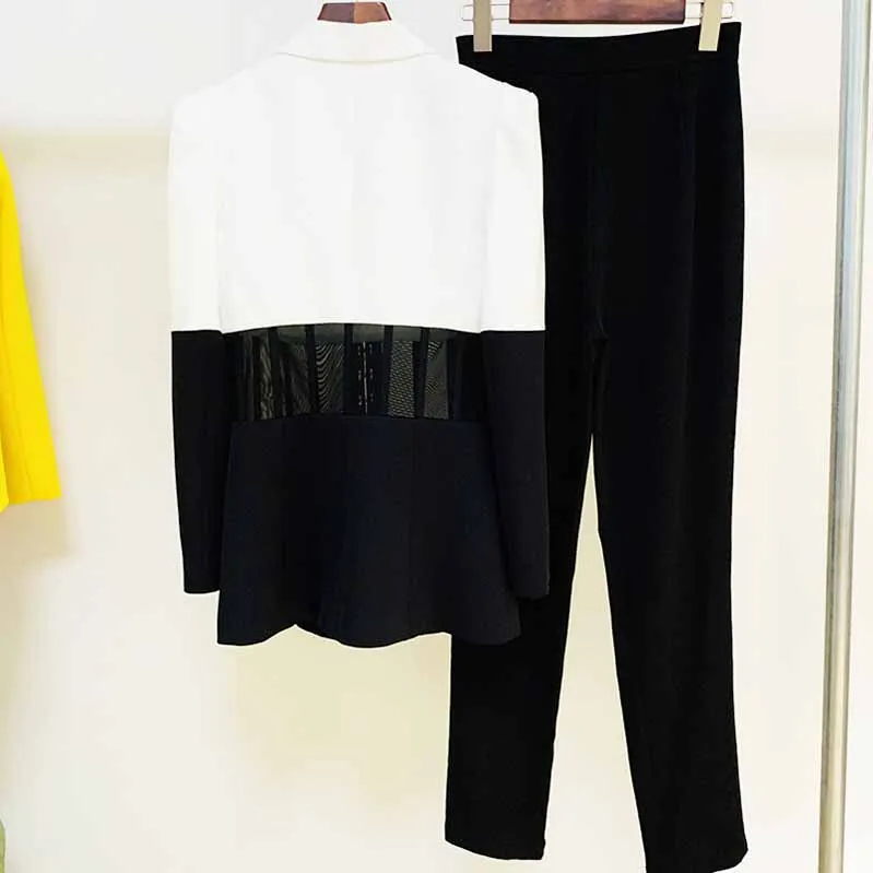 Women White Black Blazer   Flare Trousers Suit