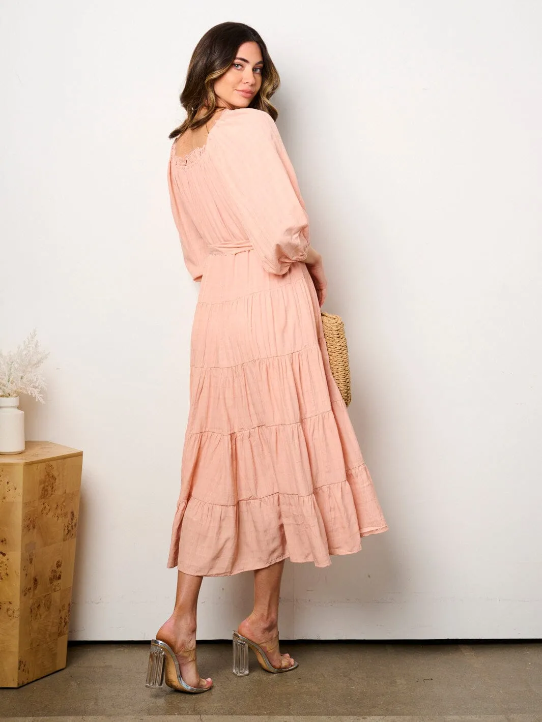 WOMEN'S 3/4 SLEEVE TIERED SELF TIE TUNIC MAXI DRESS