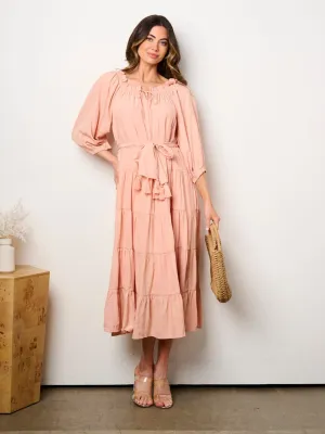 WOMEN'S 3/4 SLEEVE TIERED SELF TIE TUNIC MAXI DRESS