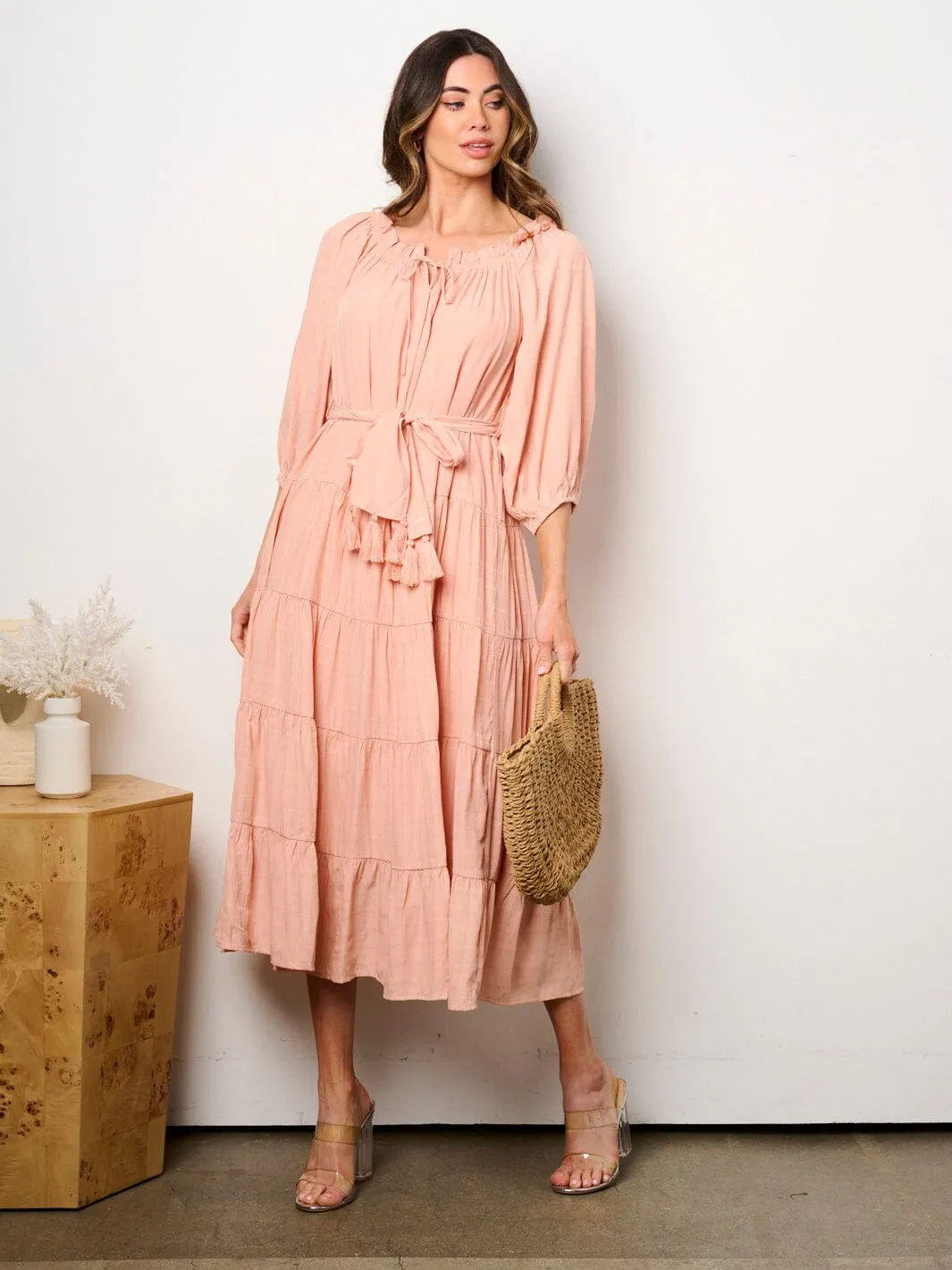 WOMEN'S 3/4 SLEEVE TIERED SELF TIE TUNIC MAXI DRESS