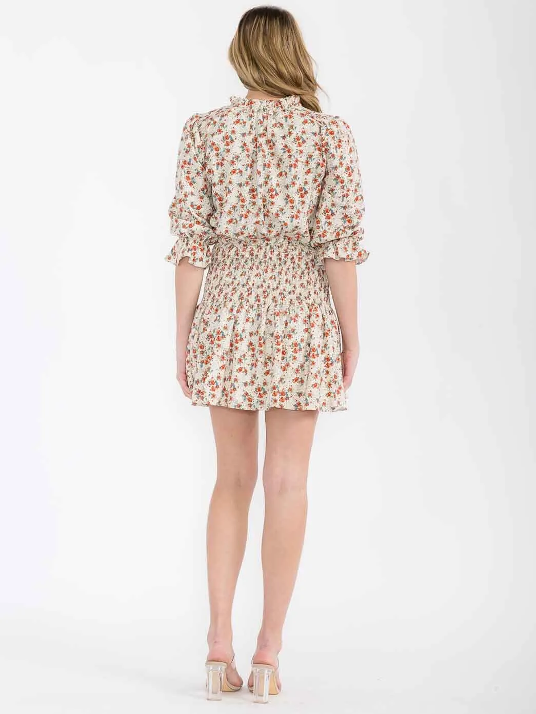 WOMEN'S 3/4 SLEEVE V-NECK SMOCK FLORAL MINI DRESS